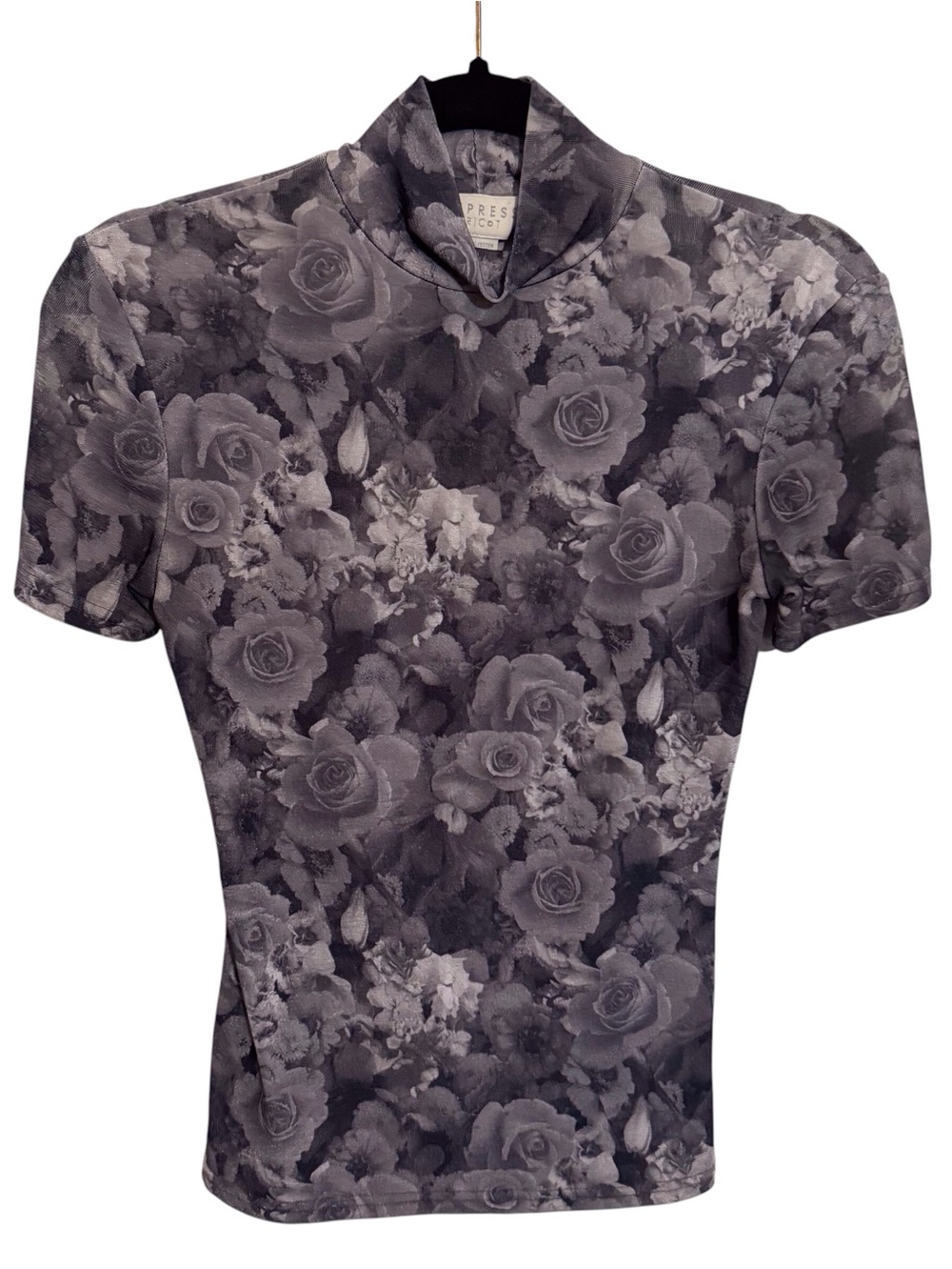 Vintage Express Tricot Gray Floral Mockneck Top Short Sleeve Y2K Grunge Stretchy